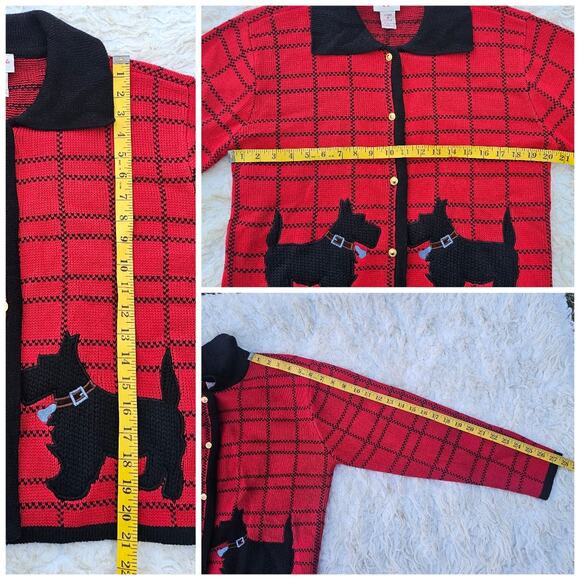 Scottie Dog Cardigan Petite Med Crystal Kobe Red Black Plaid PM Knit VTG Sweater - Picture 8 of 10